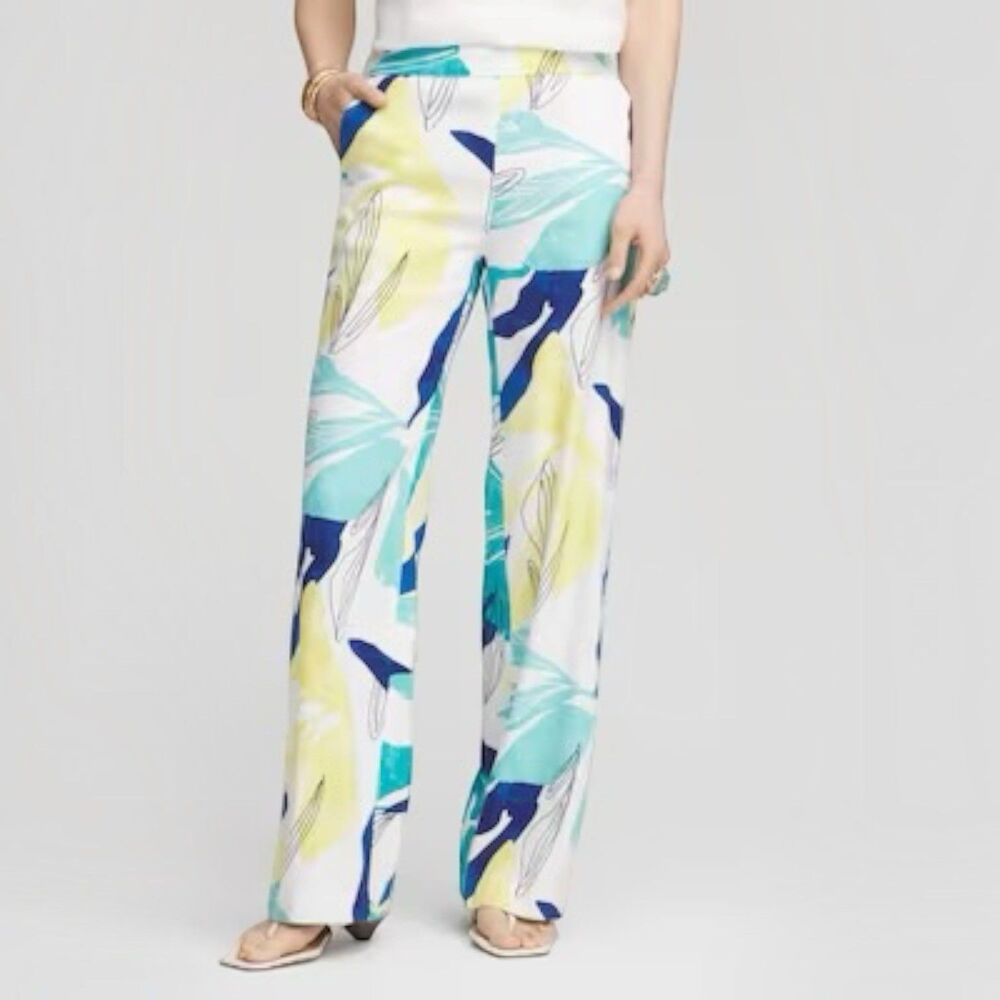 NEW Chico's 3 (16-18, XL) Multicolor Tropical Abstract Linen Blend Relaxed Pants